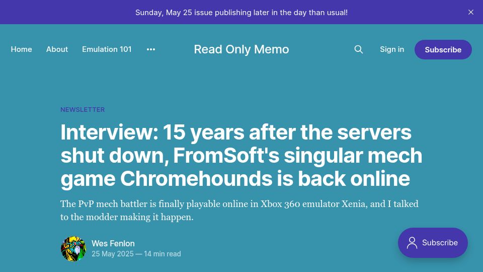 Screenshot of readonlymemo.com: FromSoft's singular mech game Chromehounds is back online
