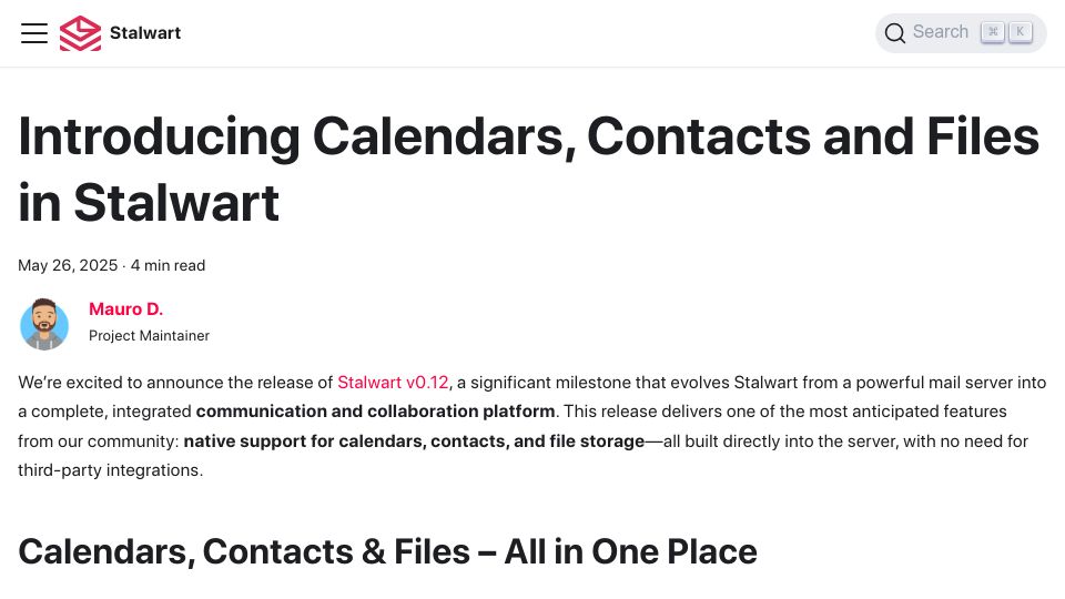 Screenshot of stalw.art: Calendars, Contacts and Files in Stalwart