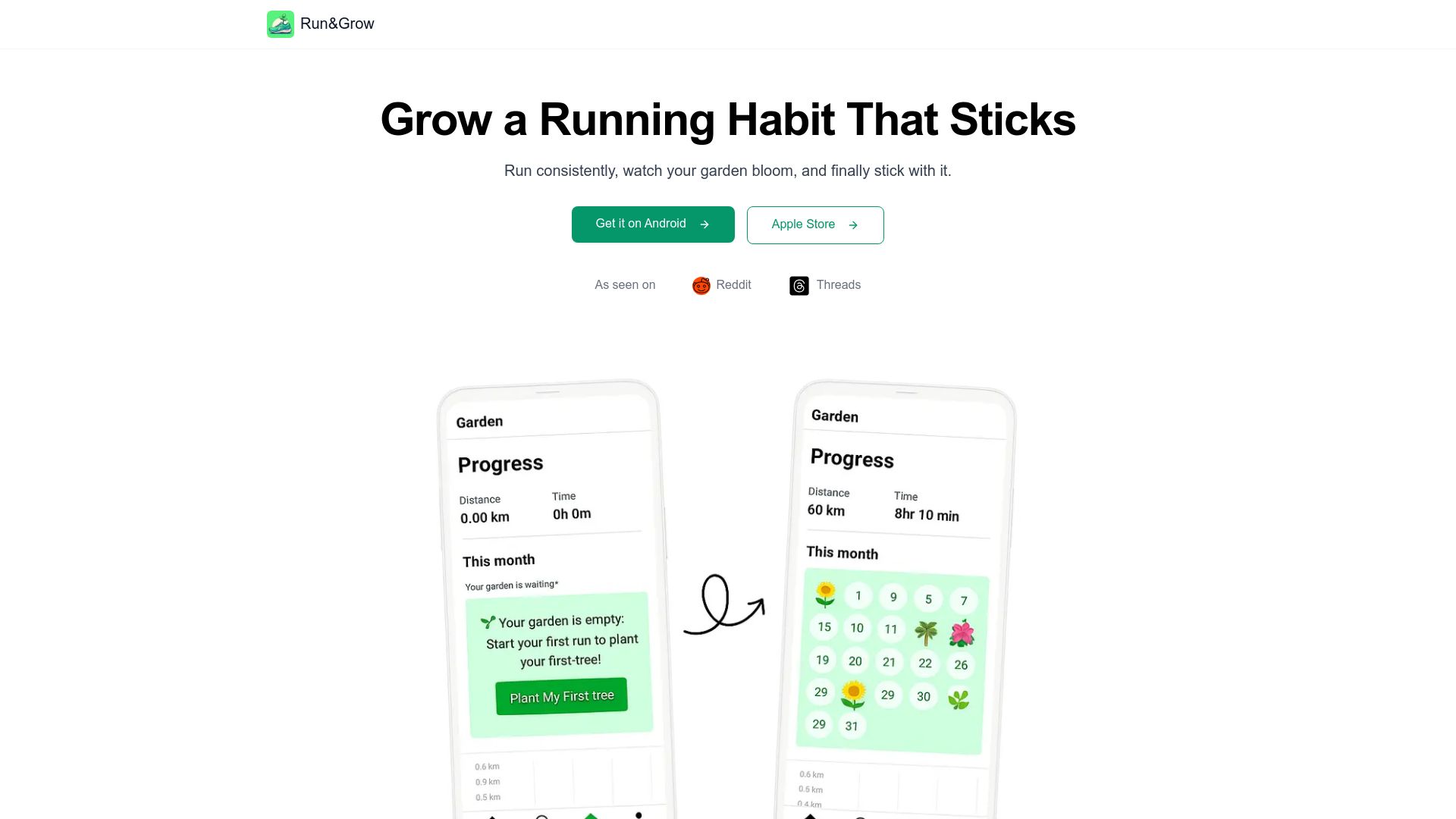 Screenshot of runandgrow.com: Show HN: I made a running app that turns your runs to a virtual garden