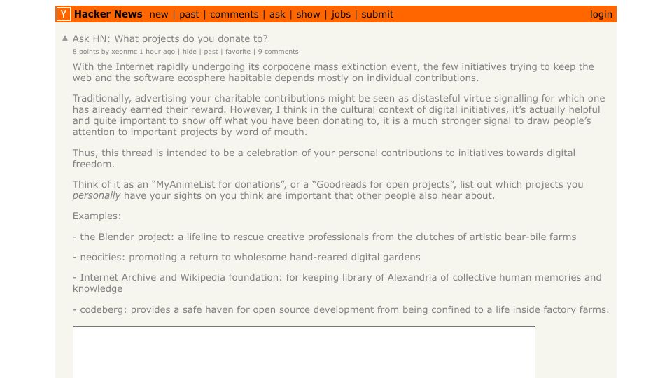 Screenshot of Hacker News post: Ask HN: What projects do you donate to?