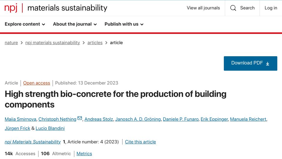 Screenshot of nature.com: High strength bio-concrete for the production of building components