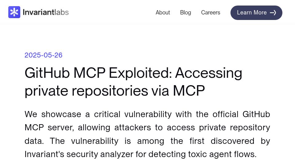 Screenshot of invariantlabs.ai: Accessing private GitHub repositories via MCP