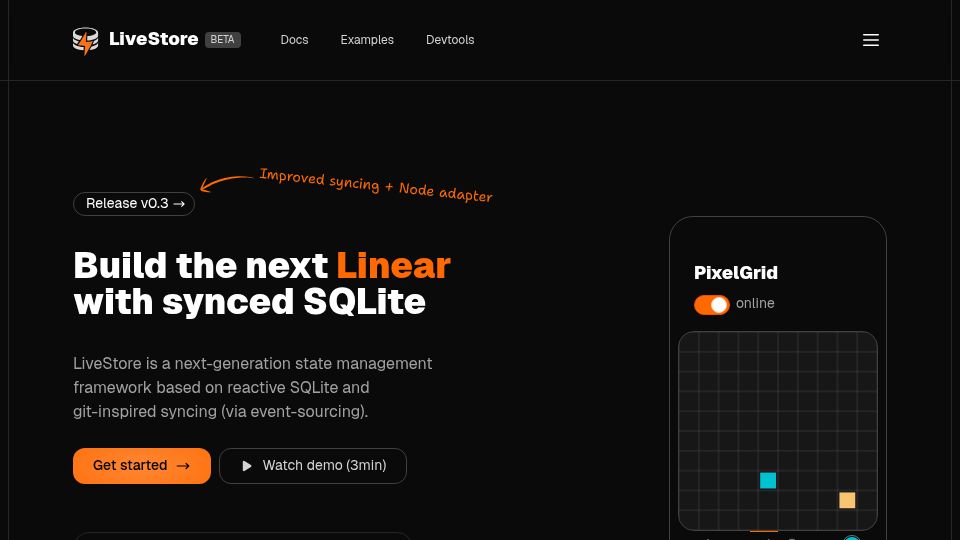 Screenshot of livestore.dev: LiveStore: State management based on reactive SQLite and built-in sync engine