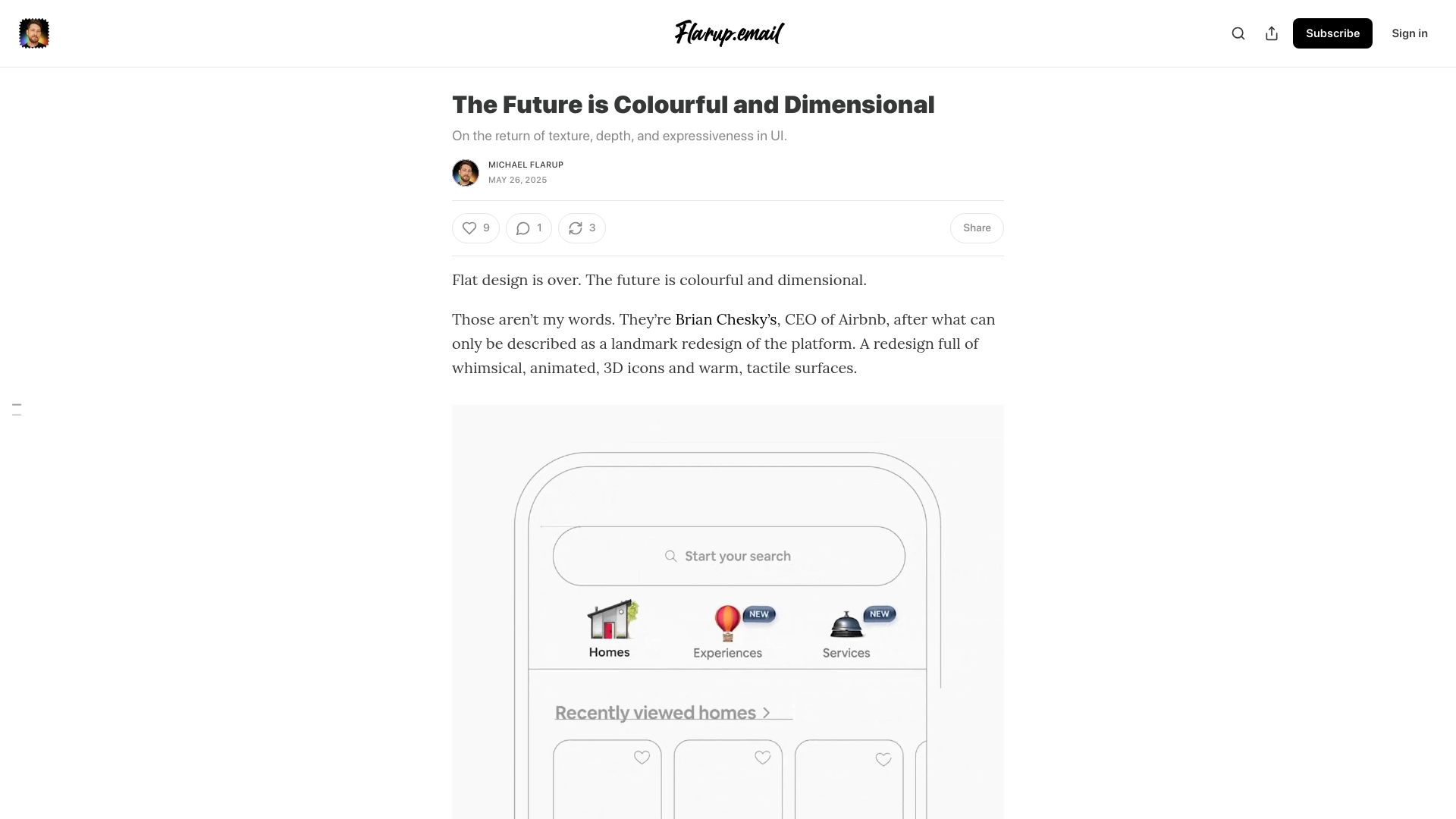 Screenshot of flarup.email: The UI future is colourful and dimensional