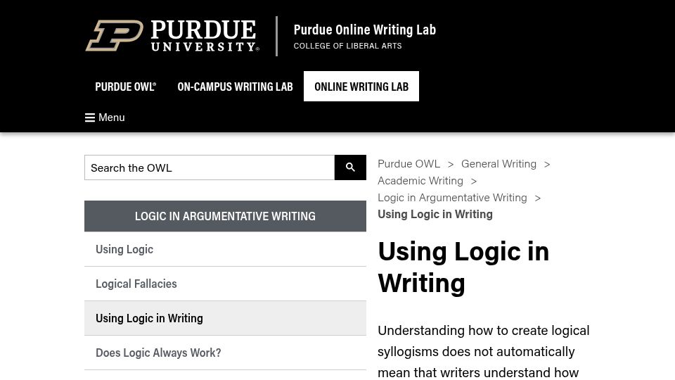 Screenshot of owl.purdue.edu: Using Logic in Writing
