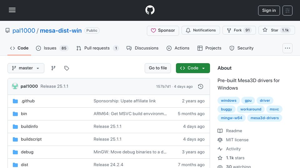 Screenshot of github.com: Mesa3D Drivers for Windows