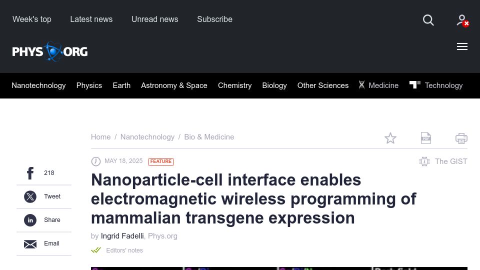 Screenshot of phys.org: Nanoparticle-cell link enables EM wireless programming of transgene expression