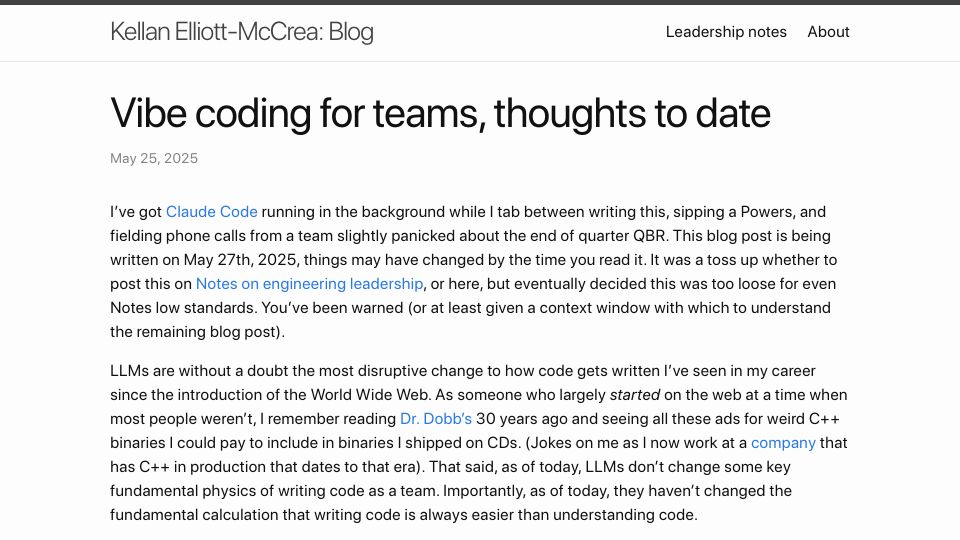 Screenshot of laughingmeme.org: Vibe coding for teams, thoughts to date