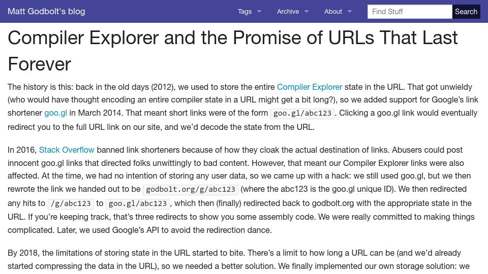 Screenshot of xania.org: Compiler Explorer and the promise of URLs that last forever