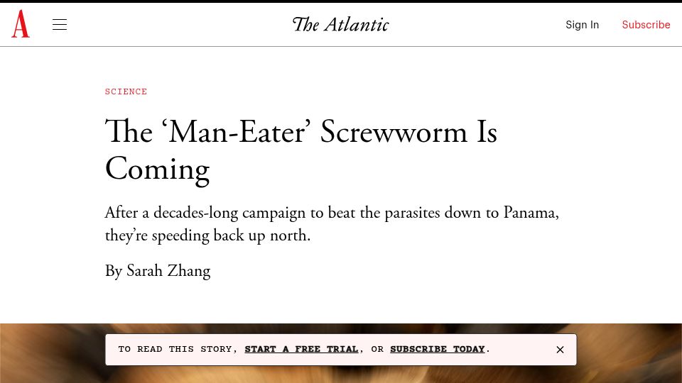 Screenshot of theatlantic.com: The 'Man-Eater' Screwworm Is Coming