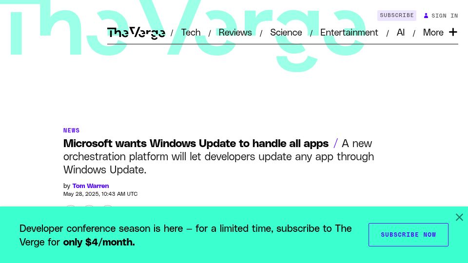 Screenshot of theverge.com: Microsoft is starting to open Windows Update up to any third-party app