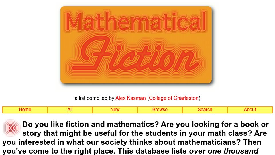 Screenshot of kasmana.people.charleston.edu: Mathematical Fiction