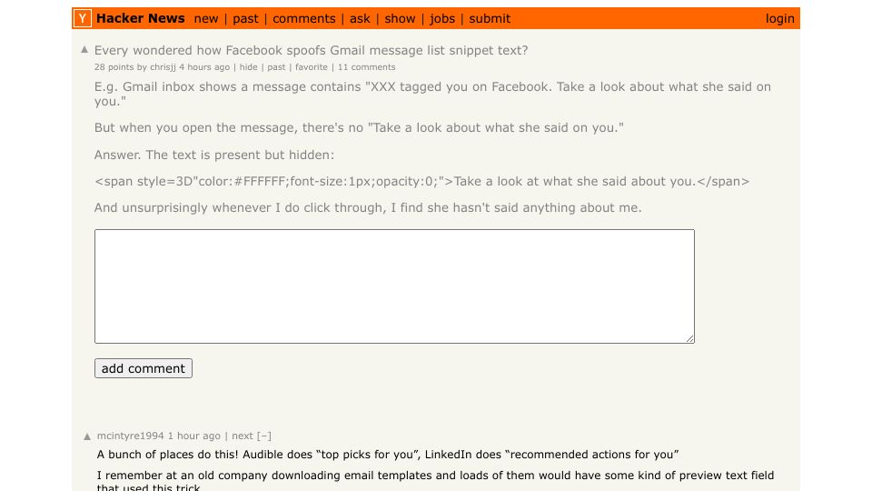 Screenshot of Hacker News post: Every wondered how Facebook spoofs Gmail message list snippet text?