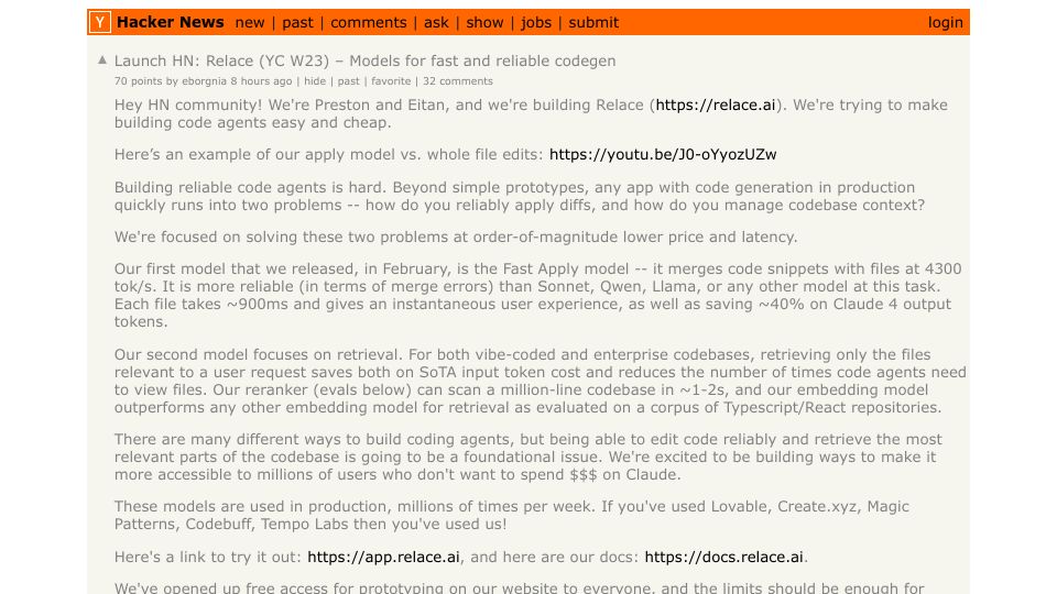 Screenshot of Hacker News post: Launch HN: Relace (YC W23) – Models for fast and reliable codegen