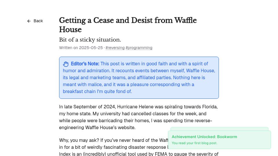 Screenshot of jack.bio: Getting a Cease and Desist from Waffle House