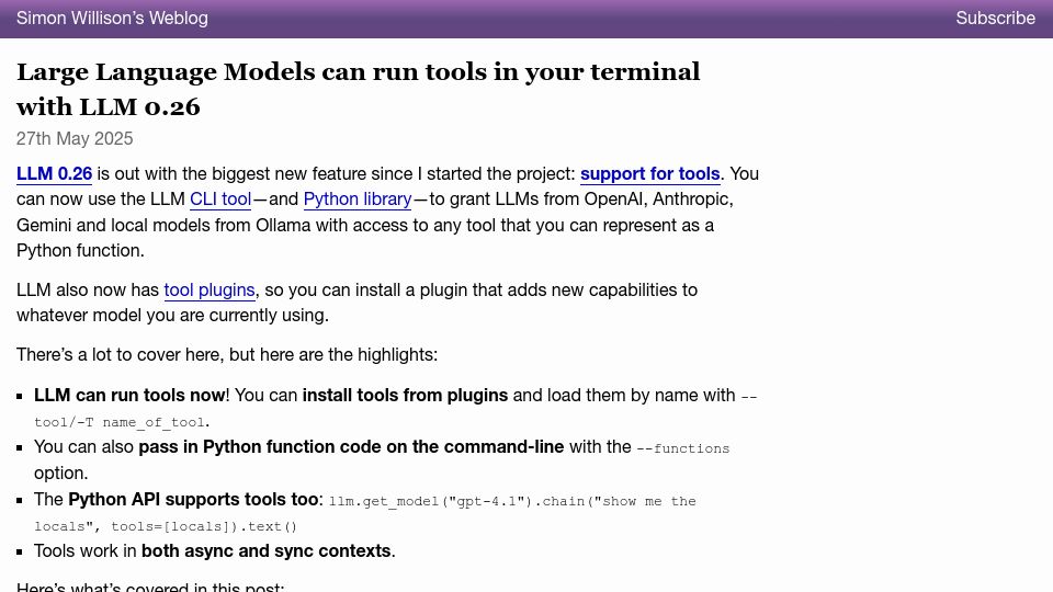 Screenshot of simonwillison.net: Show HN: My LLM CLI tool can run tools now, from Python code or plugins