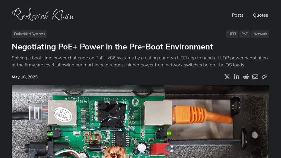 Screenshot of roderickkhan.com: Negotiating PoE+ Power in the Pre‑Boot Environment