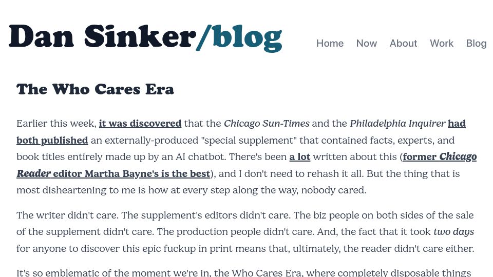 Screenshot of dansinker.com: The Who Cares Era