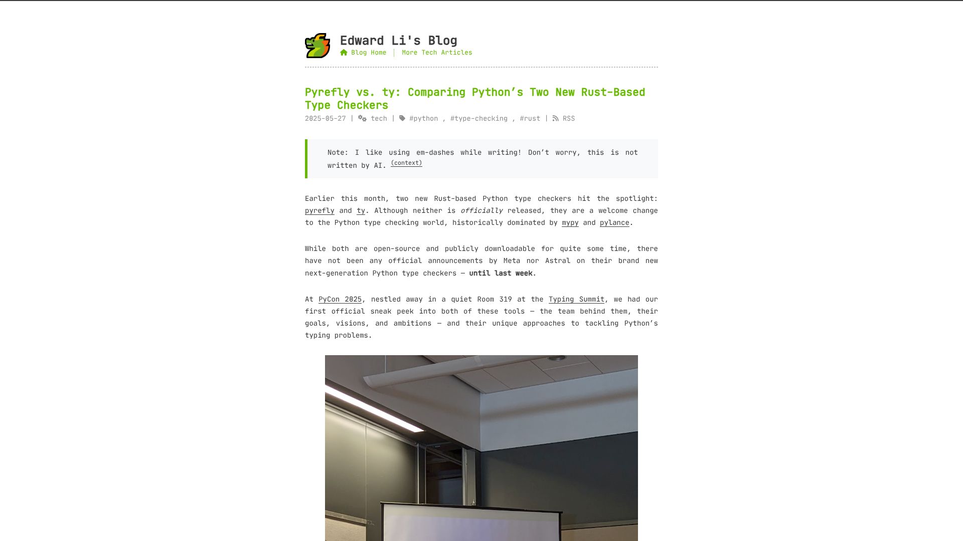 Screenshot of blog.edward-li.com: Pyrefly vs. Ty: Comparing Python's two new Rust-based type checkers