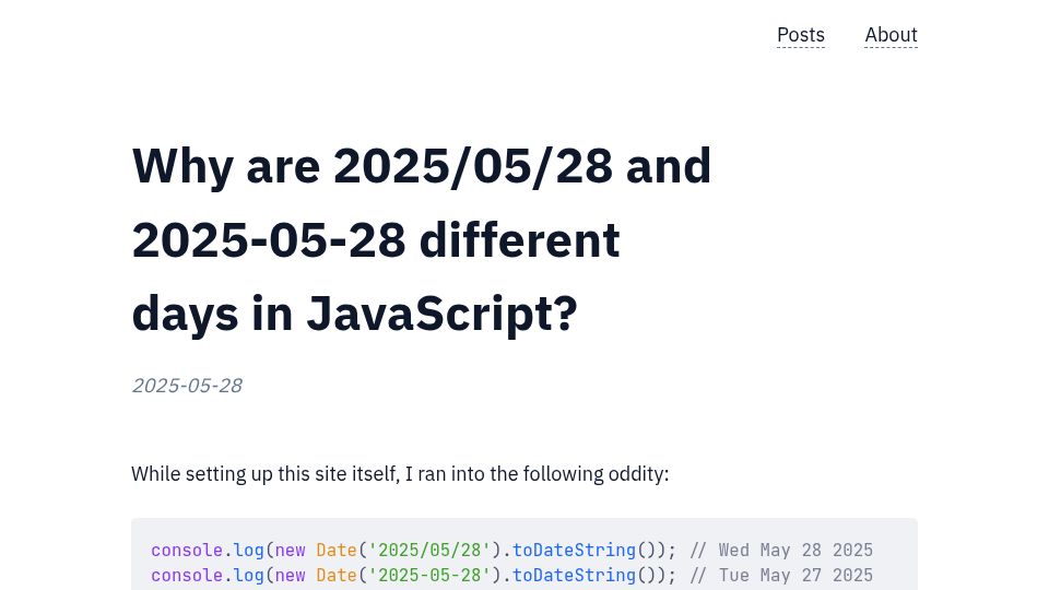 Screenshot of brandondong.github.io: Why are 2025/05/28 and 2025-05-28 different days in JavaScript?