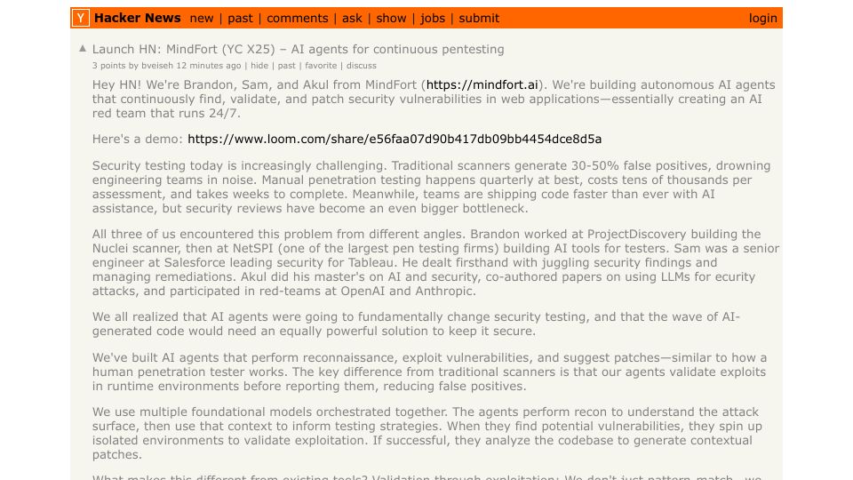 Screenshot of Hacker News post: Launch HN: MindFort (YC X25) – AI agents for continuous pentesting