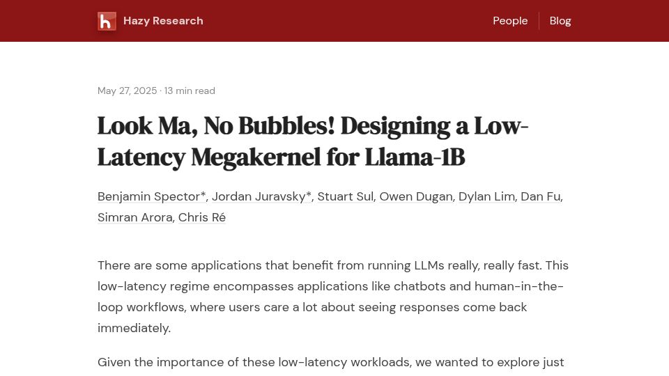 Screenshot of hazyresearch.stanford.edu: Look Ma, No Bubbles: Designing a Low-Latency Megakernel for Llama-1B