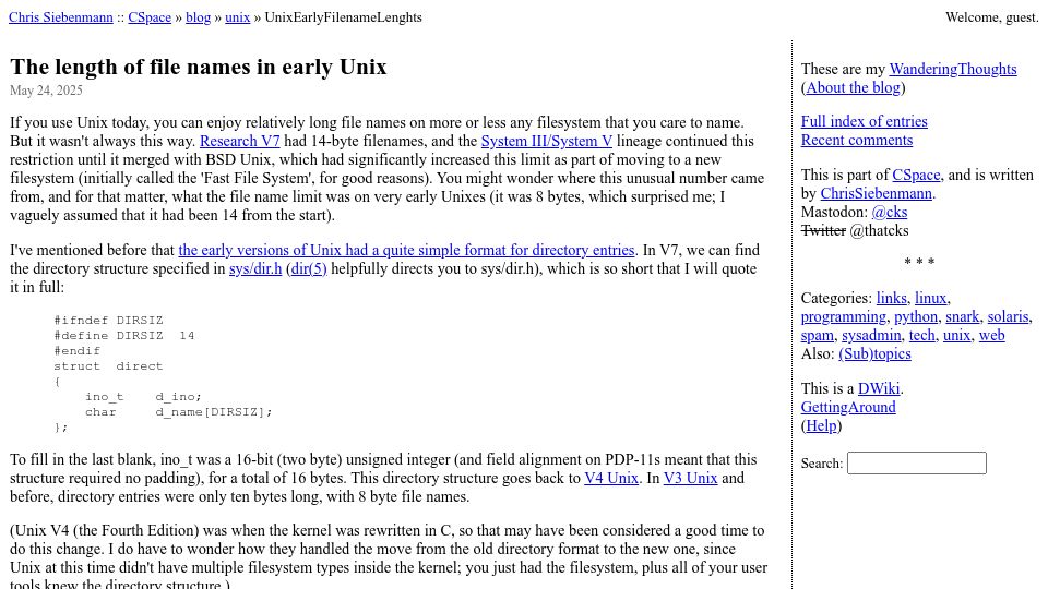 Screenshot of utcc.utoronto.ca: The length of file names in early Unix