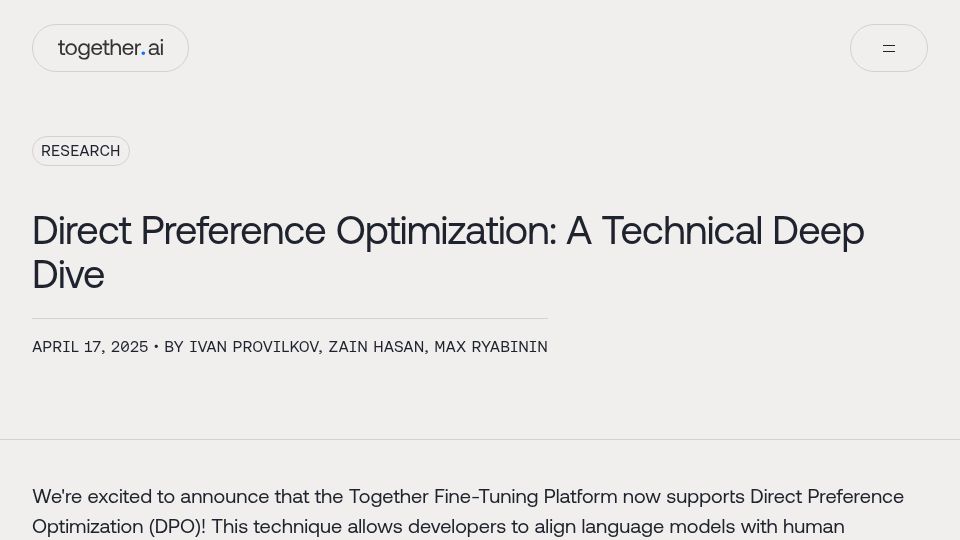 Screenshot of together.ai: Direct Preference Optimization vs. RLHF