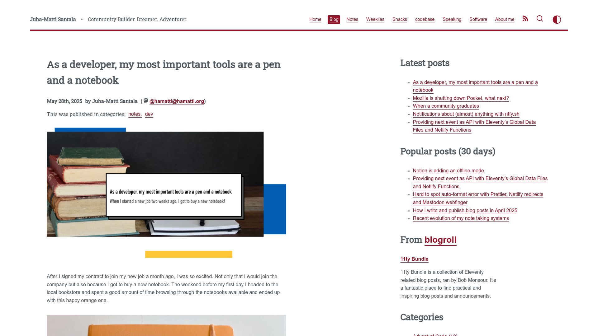 Screenshot of hamatti.org: As a developer, my most important tools are a pen and a notebook