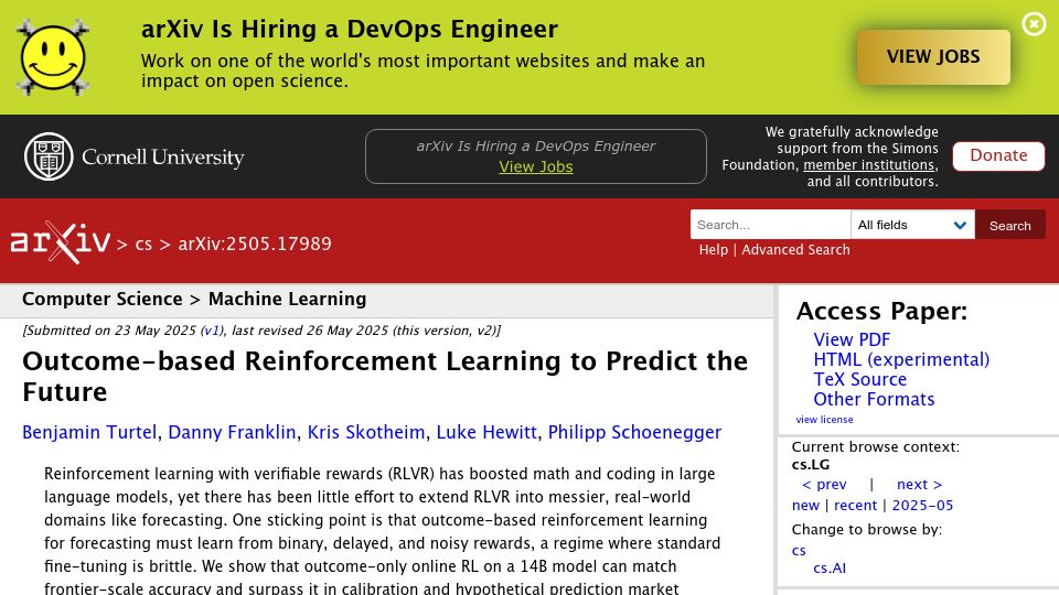 Screenshot of arxiv.org: Outcome-Based Reinforcement Learning to Predict the Future