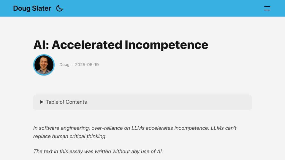 Screenshot of slater.dev: AI: Accelerated Incompetence