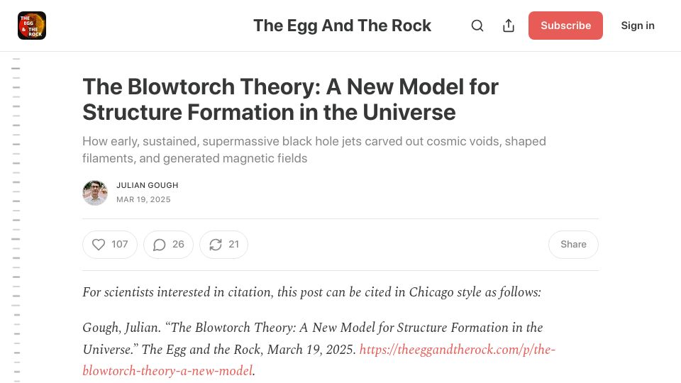 Screenshot of theeggandtherock.com: The Blowtorch Theory: A new model for structure formation in the universe