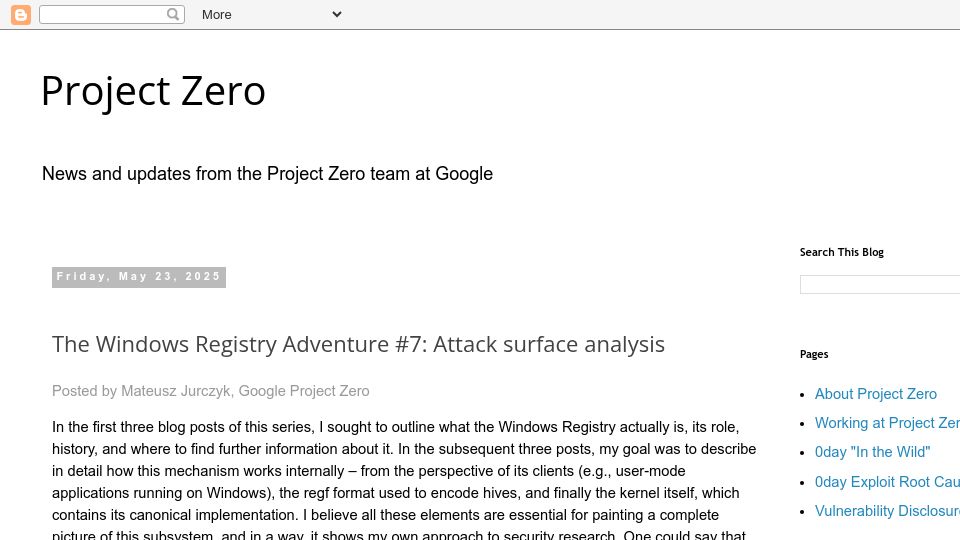 Screenshot of googleprojectzero.blogspot.com: The Windows Registry Adventure #7: Attack surface analysis