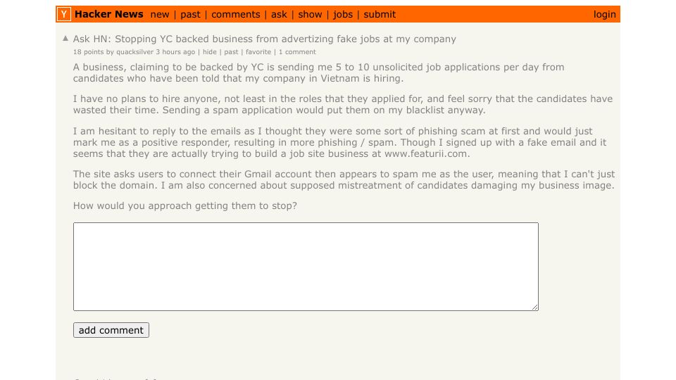 Screenshot of Hacker News post: Ask HN: Stopping YC backed business from advertizing fake jobs at my company
