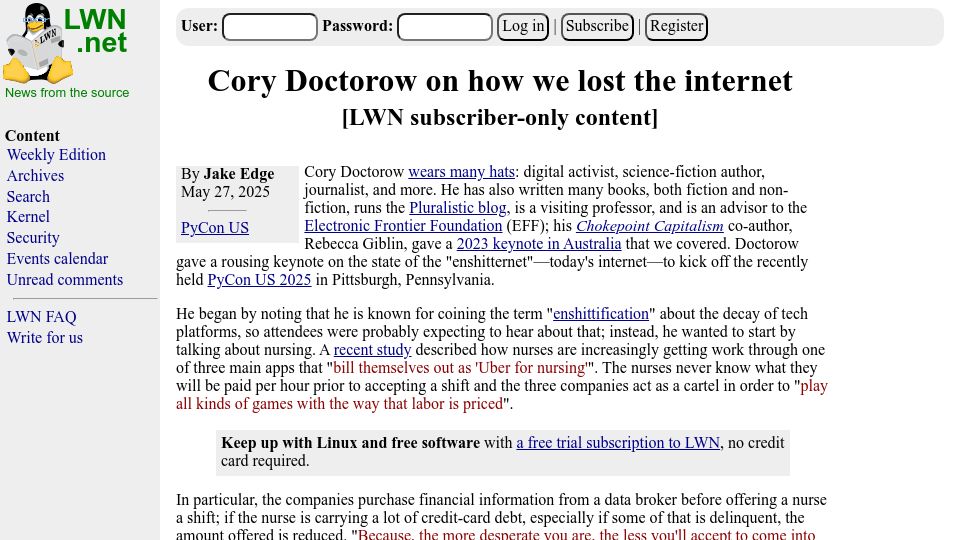 Screenshot of lwn.net: Cory Doctorow on how we lost the internet