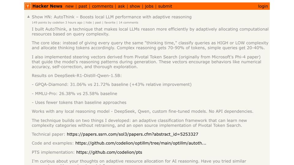 Screenshot of Hacker News post: Show HN: AutoThink – Boosts local LLM performance with adaptive reasoning