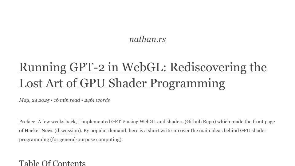 Screenshot of nathan.rs: Running GPT-2 in WebGL: Rediscovering the Lost Art of GPU Shader Programming