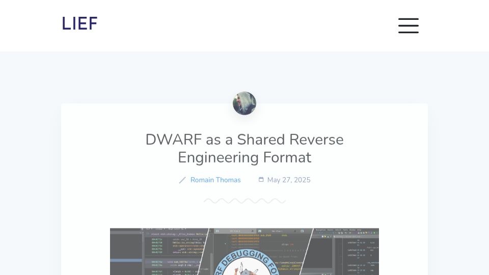 Screenshot of lief.re: DWARF as a Shared Reverse Engineering Format