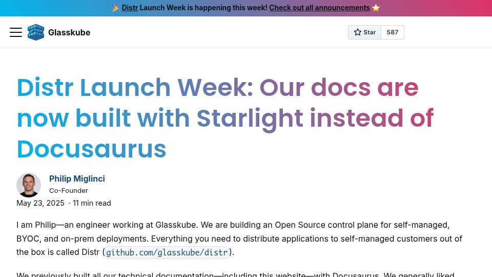 Screenshot of glasskube.dev: Comparing Docusaurus and Starlight and why we made the switch