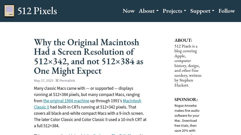 Screenshot of 512pixels.net: Why the original Macintosh had a screen resolution of 512×324