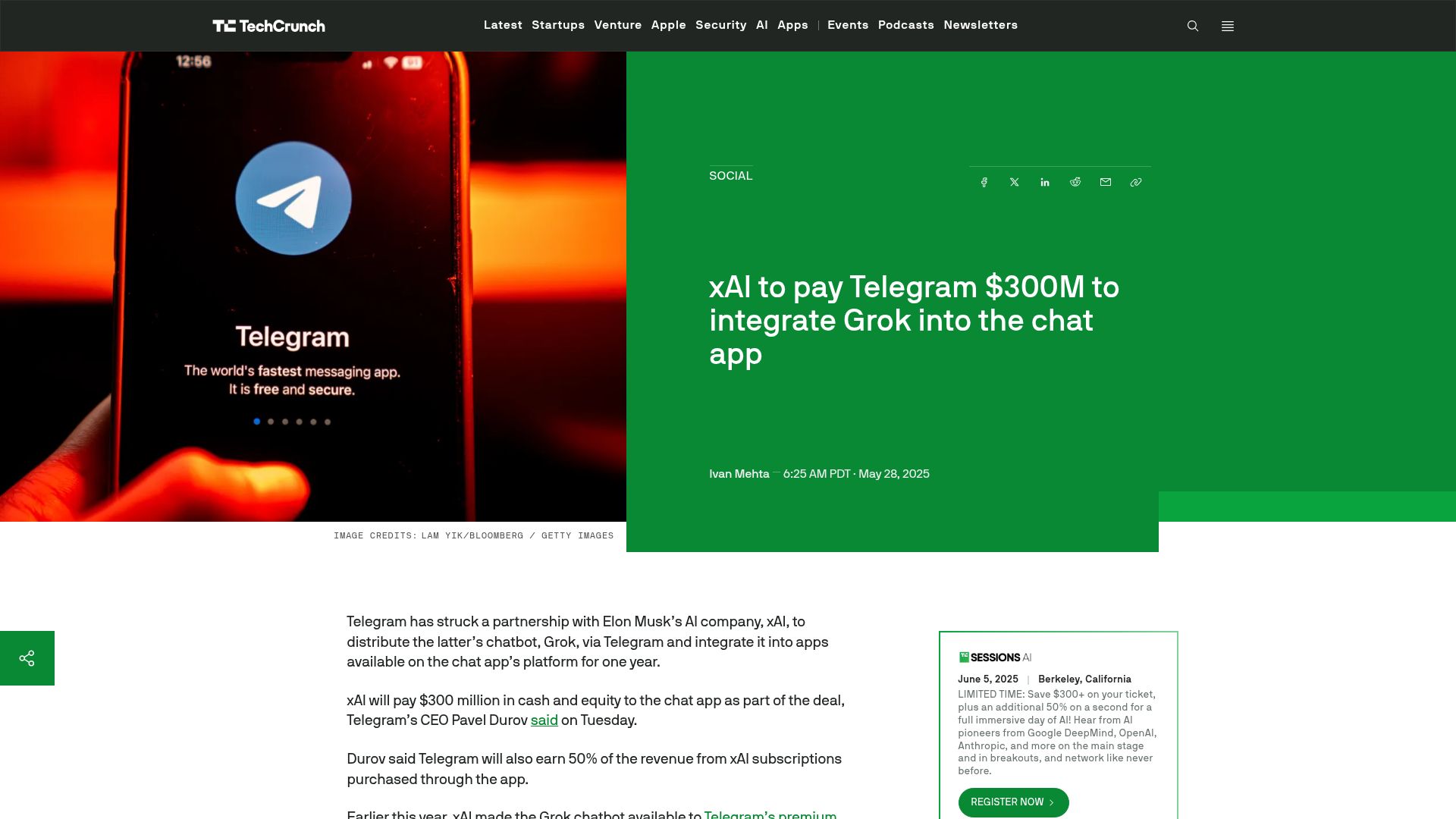 Screenshot of techcrunch.com: xAI to pay telegram $300M to integrate Grok into the chat app