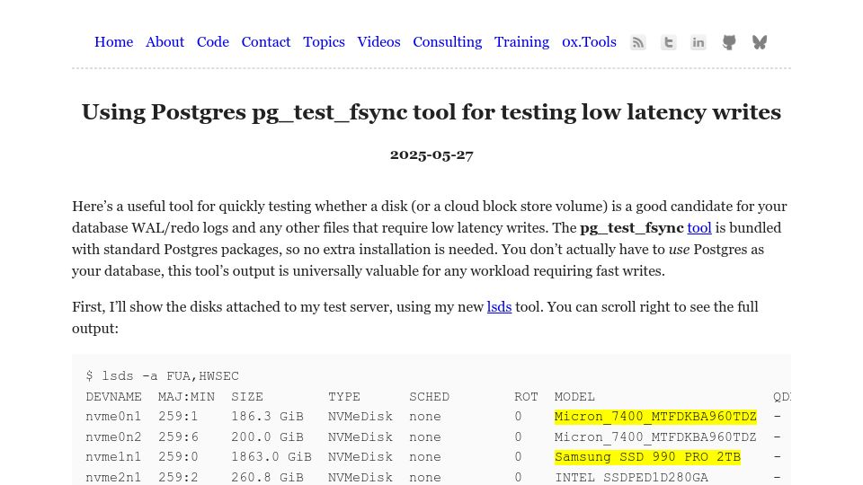 Screenshot of tanelpoder.com: Using Postgres pg_test_fsync tool for testing low latency writes