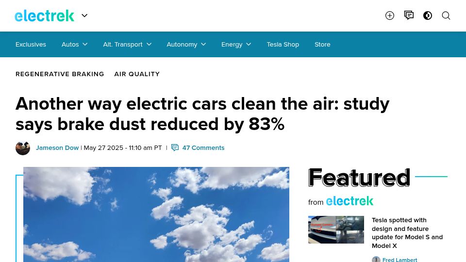 Screenshot of electrek.co: Another way electric cars clean the air: study says brake dust reduced by 83%