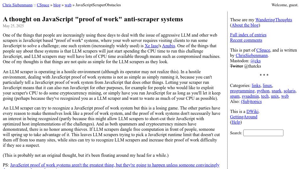 Screenshot of utcc.utoronto.ca: A thought on JavaScript "proof of work" anti-scraper systems