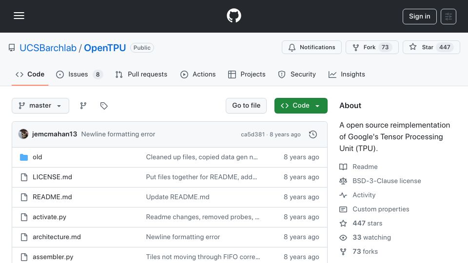 Screenshot of github.com: OpenTPU: Open-Source Reimplementation of Google Tensor Processing Unit (TPU)