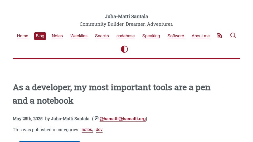 Screenshot of hamatti.org: As a developer, my most important tools are a pen and a notebook