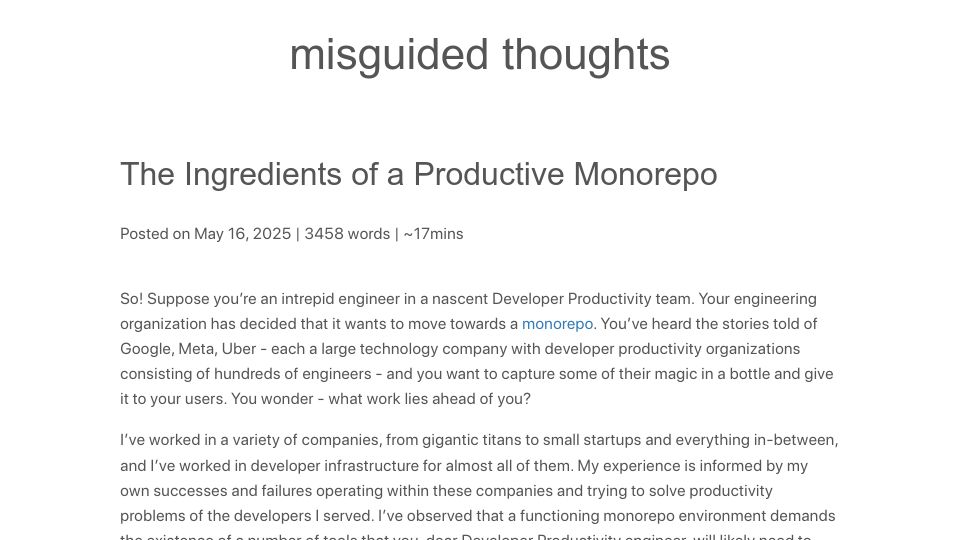 Screenshot of blog.swgillespie.me: The Ingredients of a Productive Monorepo