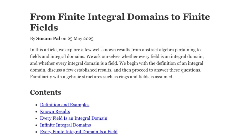 Screenshot of susam.net: From Finite Integral Domains to Finite Fields