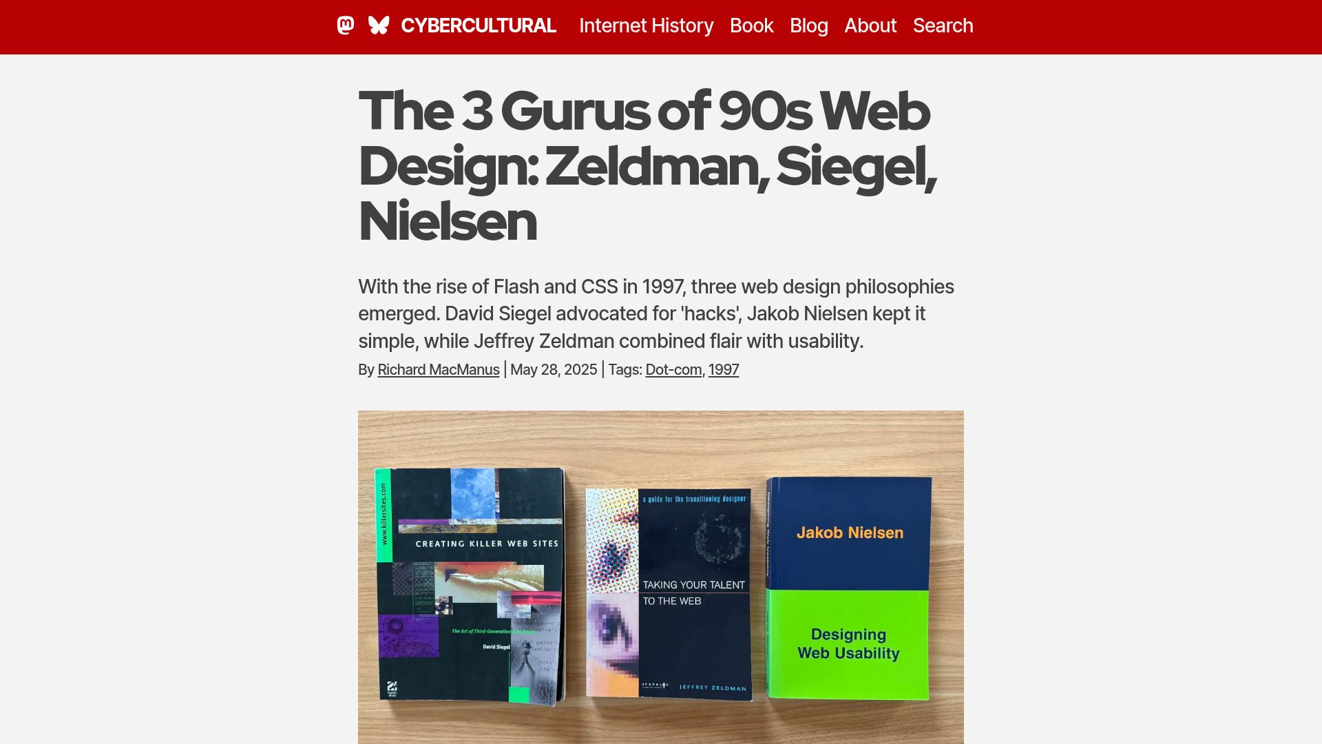Screenshot of cybercultural.com: Gurus of 90s Web Design: Zeldman, Siegel, Nielsen