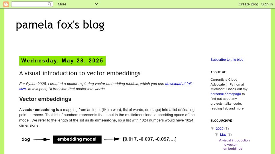 Screenshot of blog.pamelafox.org: A visual exploration of vector embeddings